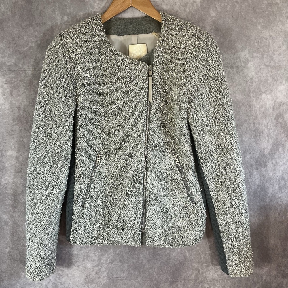 Rebecca Taylor Moto Jacket‎ Women 6 Gray Boucle Ribbed Knit Asymmetrical Zip